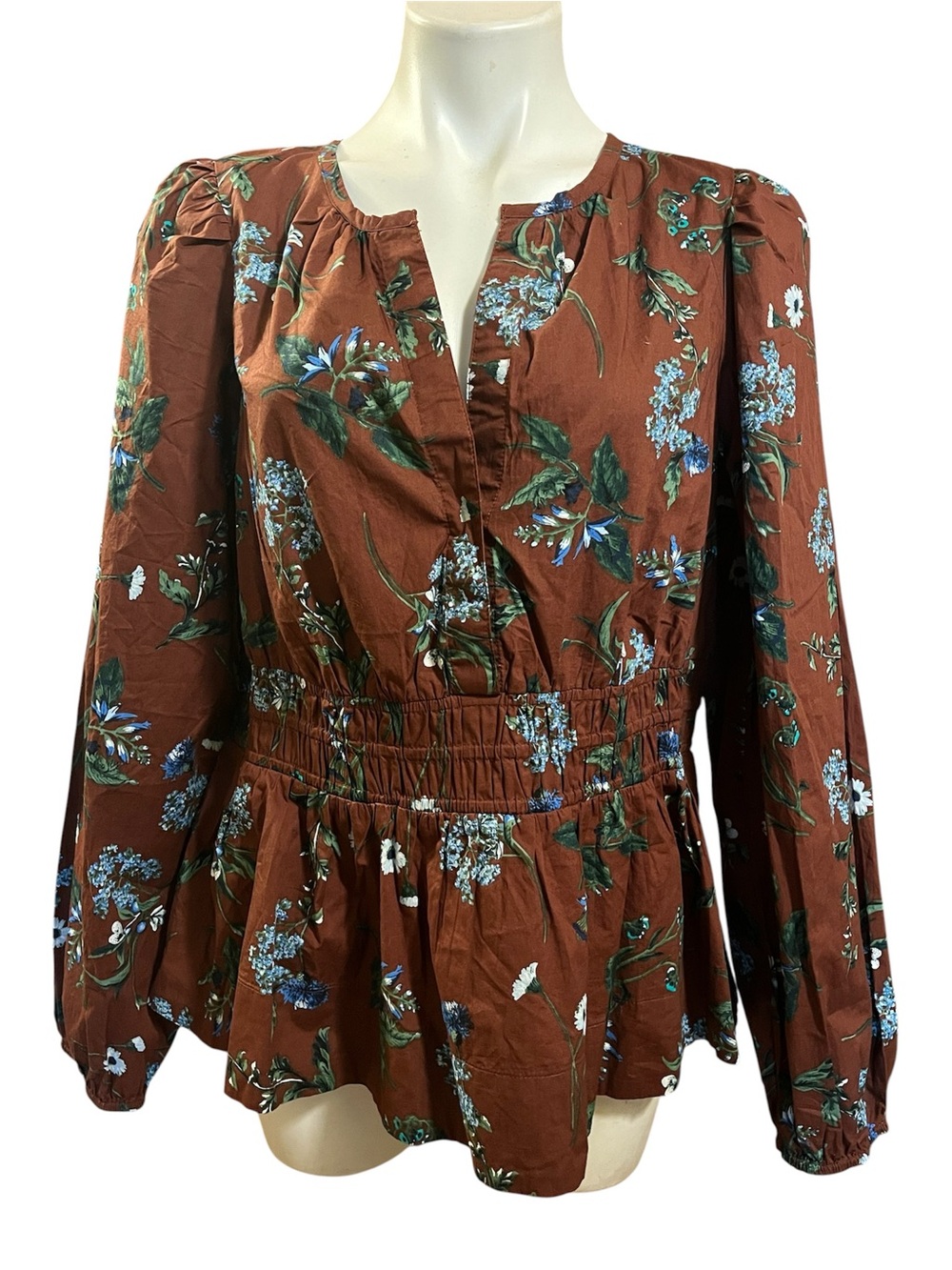 Anthropologie Brown Floral Somerset Peplum Blouse with Blue & Green Print XL - Picture 2 of 8